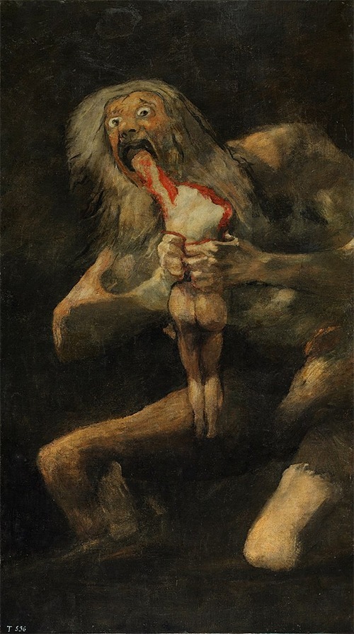 Saturn Devouring His Son, image of a headless child, naked man with a long white hair