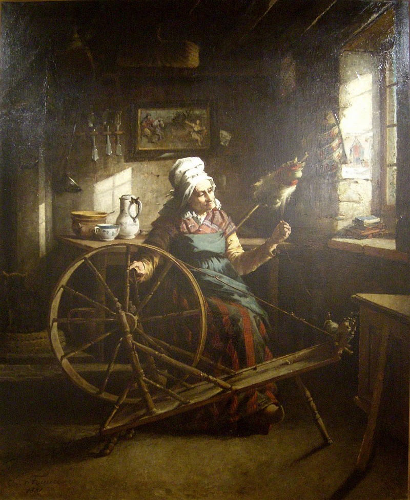 "The last spinner in my village", 1881. Hand spinning declined with the advent of more automated methods