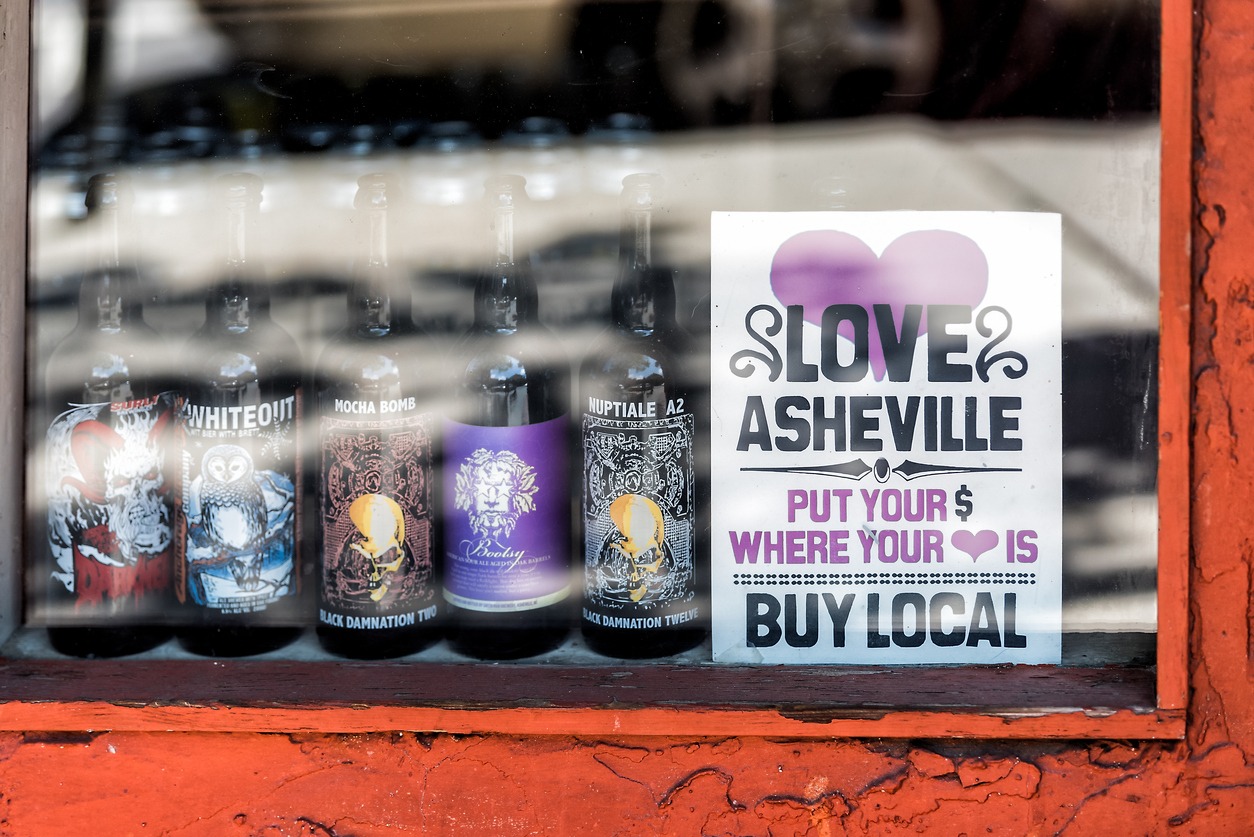 display of beers in a downtown old town street in Asheville, North Carolina