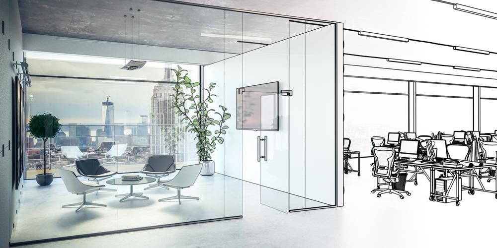 Planning the interior design of an office with glass partitions
