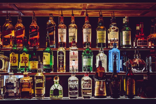 Bar, Bottle, Alcohol, Drink, Orange, Glass, Light, Cluster