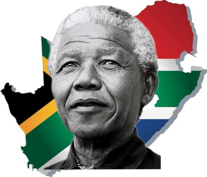 Nelson Mandela’s photo with the flag of South Africa in the background, shaped like the country of South Africa