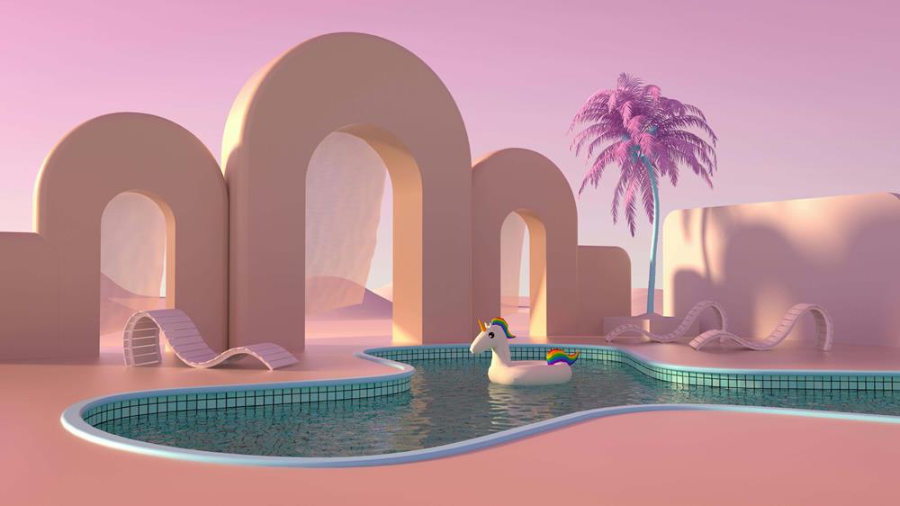 Digital art of a palm tree and a swimming pool