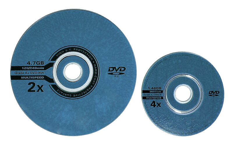 full-size (12cm) and "mini" (8cm) DVDs side by side