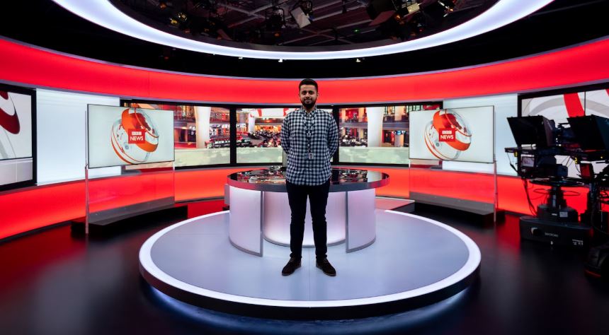 Male broadcast engineer in BBC News studio