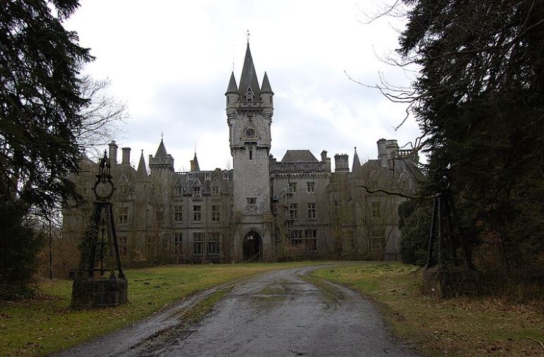 a photo of a castle amidst the forest