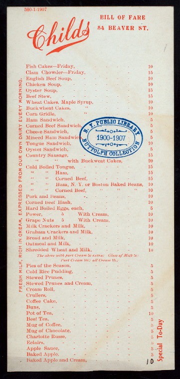 A Childs menu, c. 1907