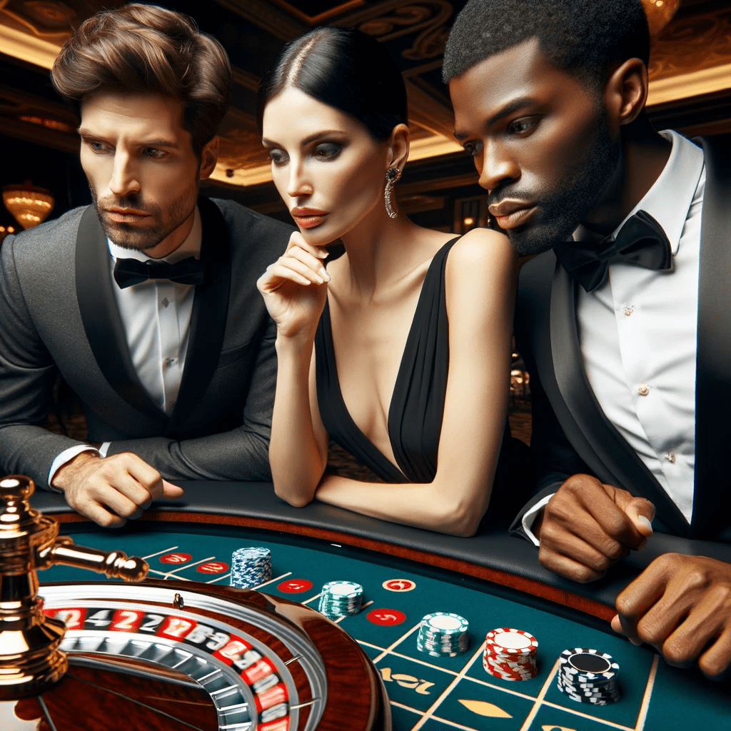 Three people standing around a roulette table in a casino, looking down intently at the spinning roulette wheel.