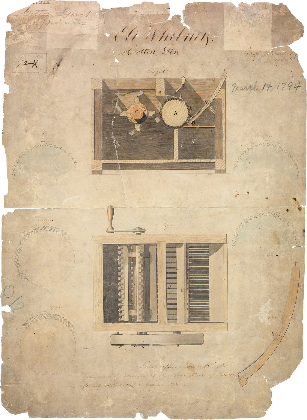 Eli Whitney's original cotton gin patent, dated March 14, 1794

