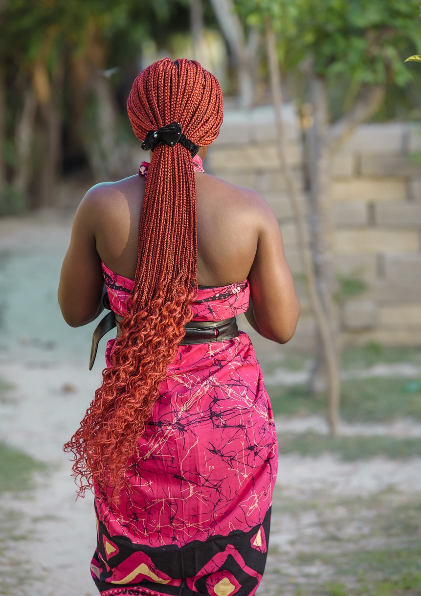 African woman dressed in traditional clothes with African style braids