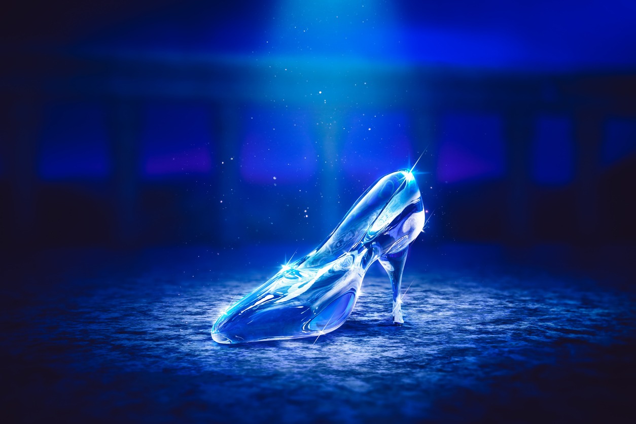 Cinderellas glass slipper on castles floor 3D rendering