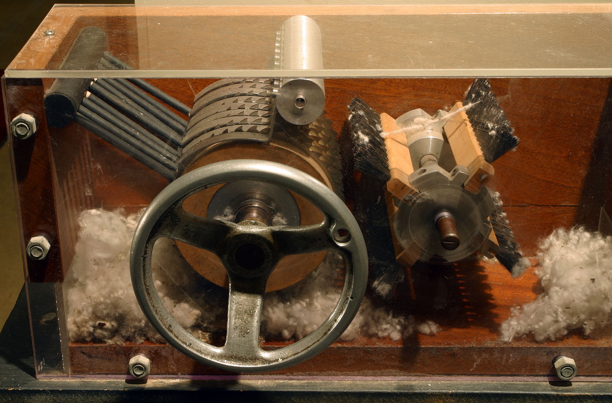 A model of a 19th-century cotton gin on display at the Eli Whitney Museum in Hamden, Connecticut