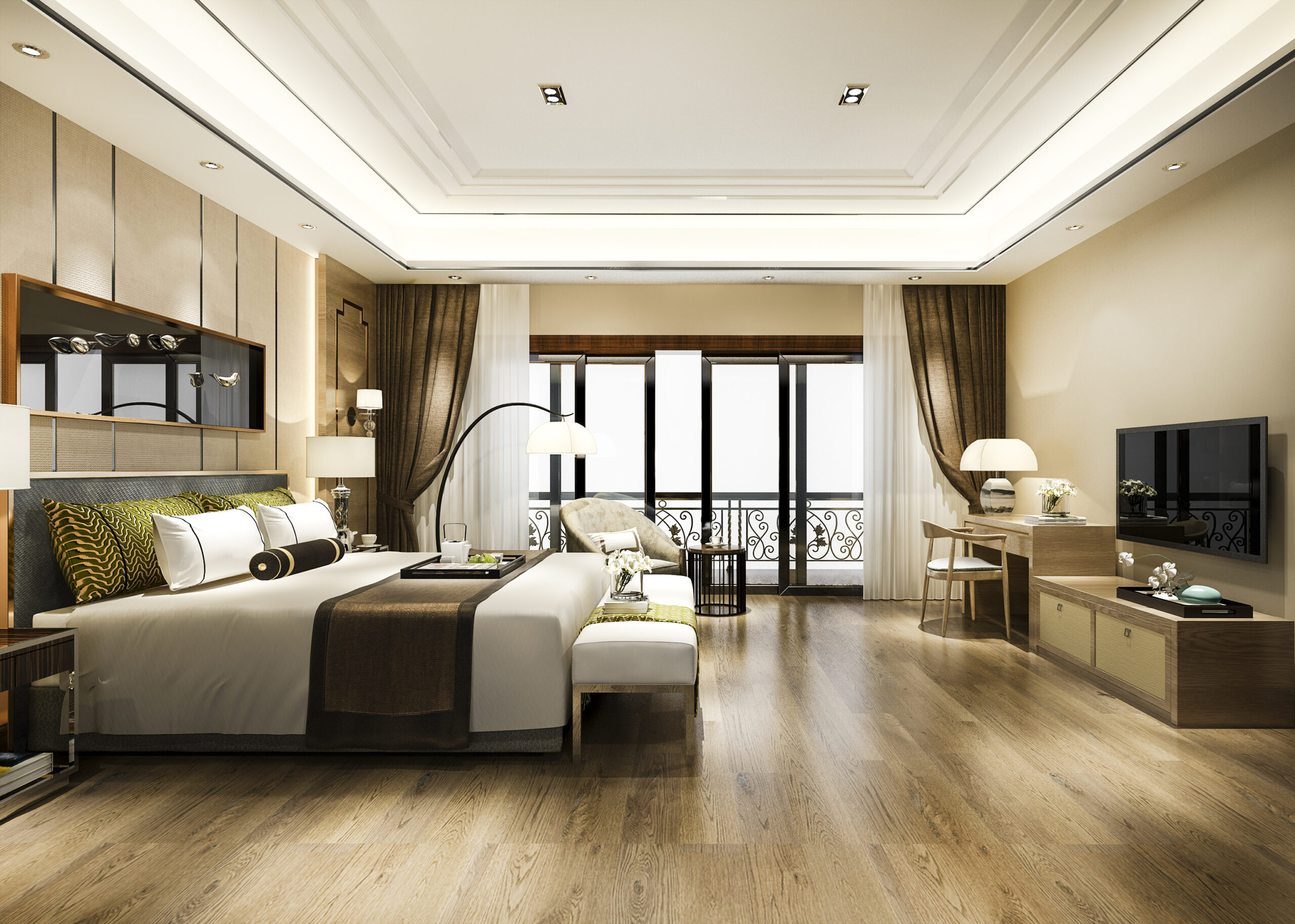 3d rendering luxury bedroom suite in resort high rise hotel with working table