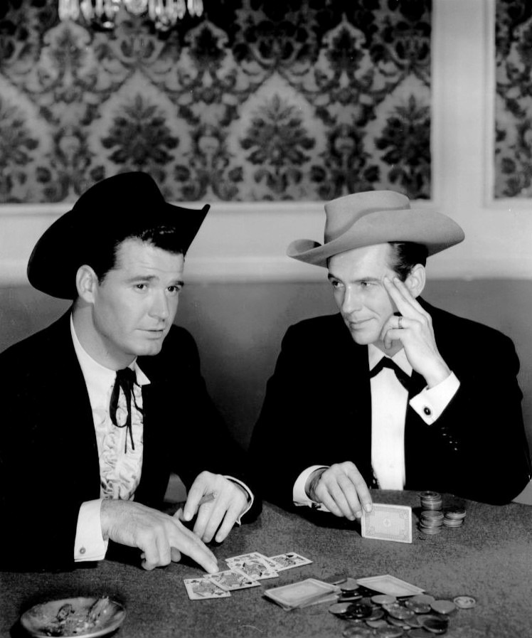 James Garner as fictional poker player Bret Maverick and Jack Kelly as his brother Bart Maverick from the 1957 television series Maverick