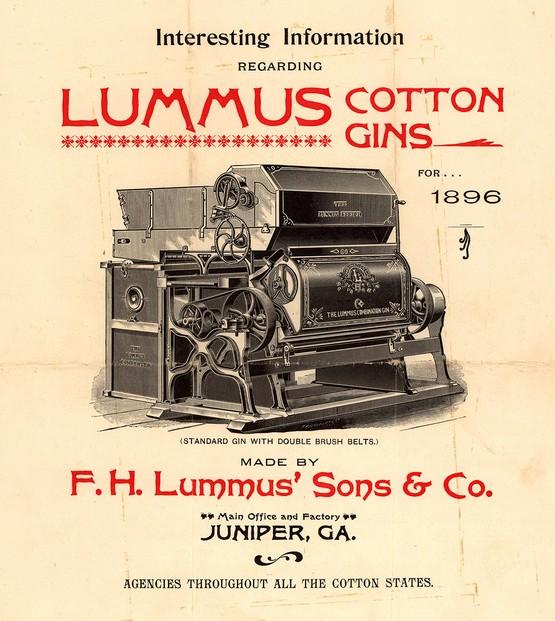 An 1896 advertisement for the Lummus cotton gin