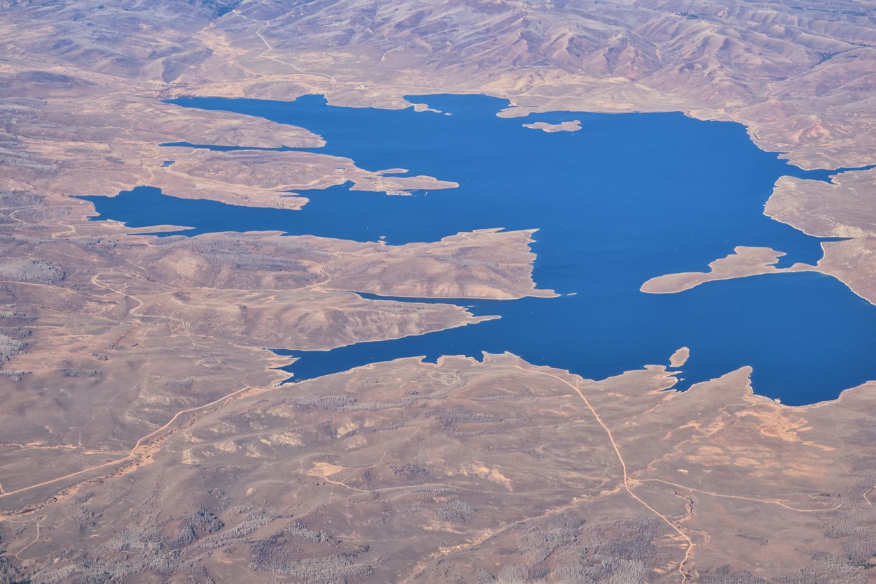 Strawberry Reservoir Bay lake aerial drone view from airplane in Fall by Daniels Summit between Heber and Duchesne in the Uintah Basin Utah United States of America USA