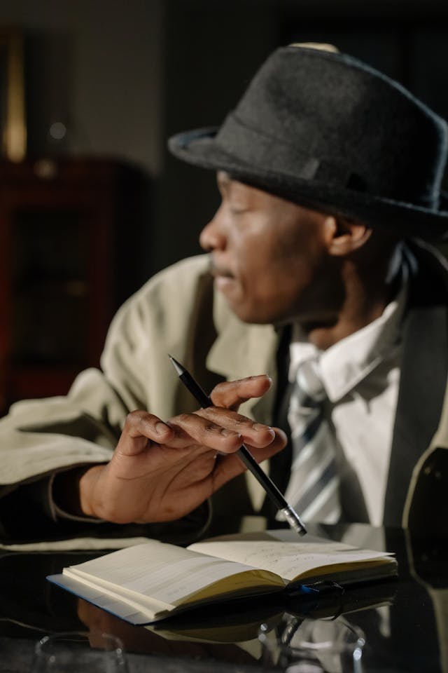 a black man holding a pen