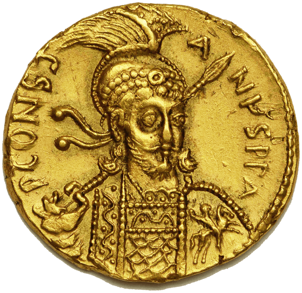 a solidus or highly pure gold coin of Constantine IV, the ruler of the Byzantine Empire when the Greek fire was first used