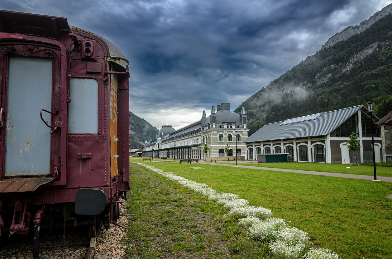 abandoned train on the historic railway station – Canfranc International Railway Station in Spain