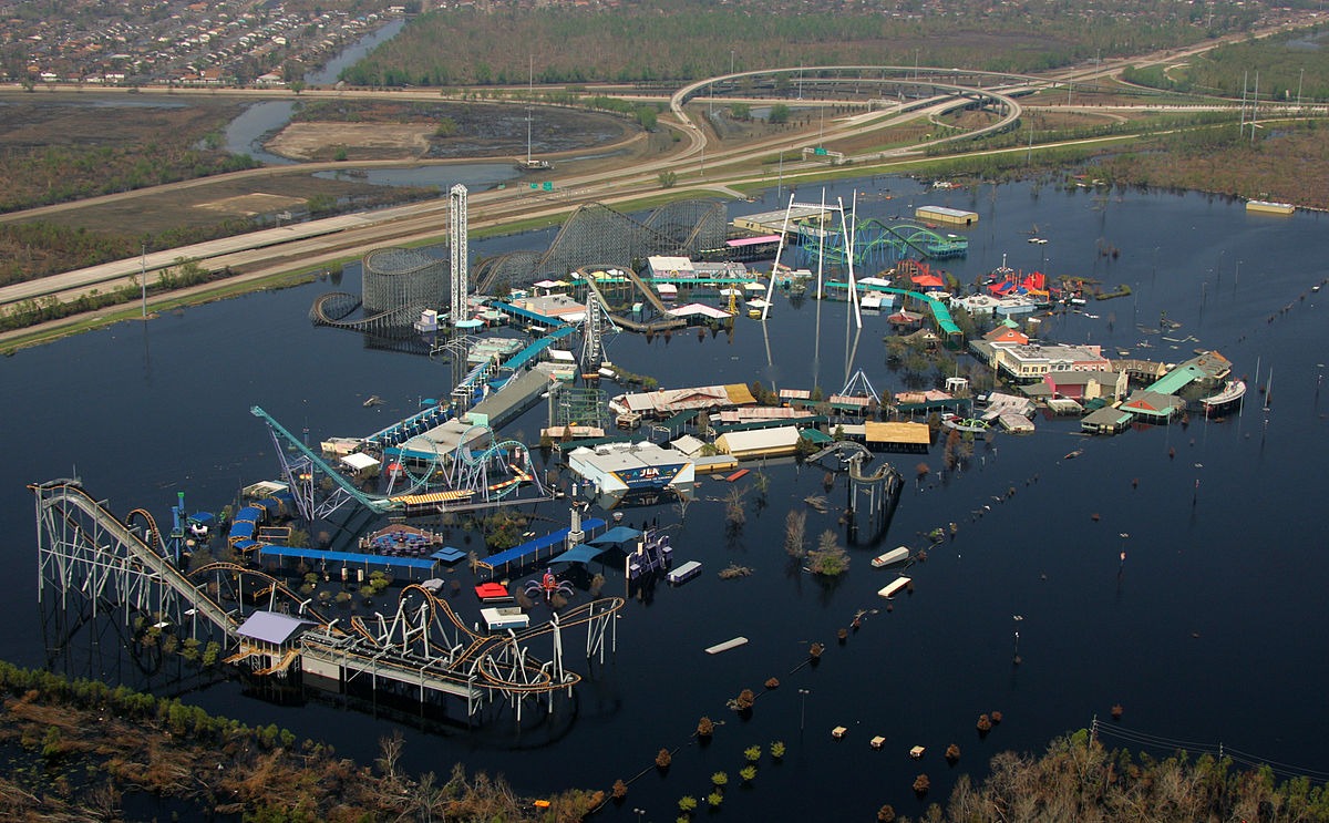 aerial view of Six Flags New Orleans submerged in floodwater after Hurricane Katrina