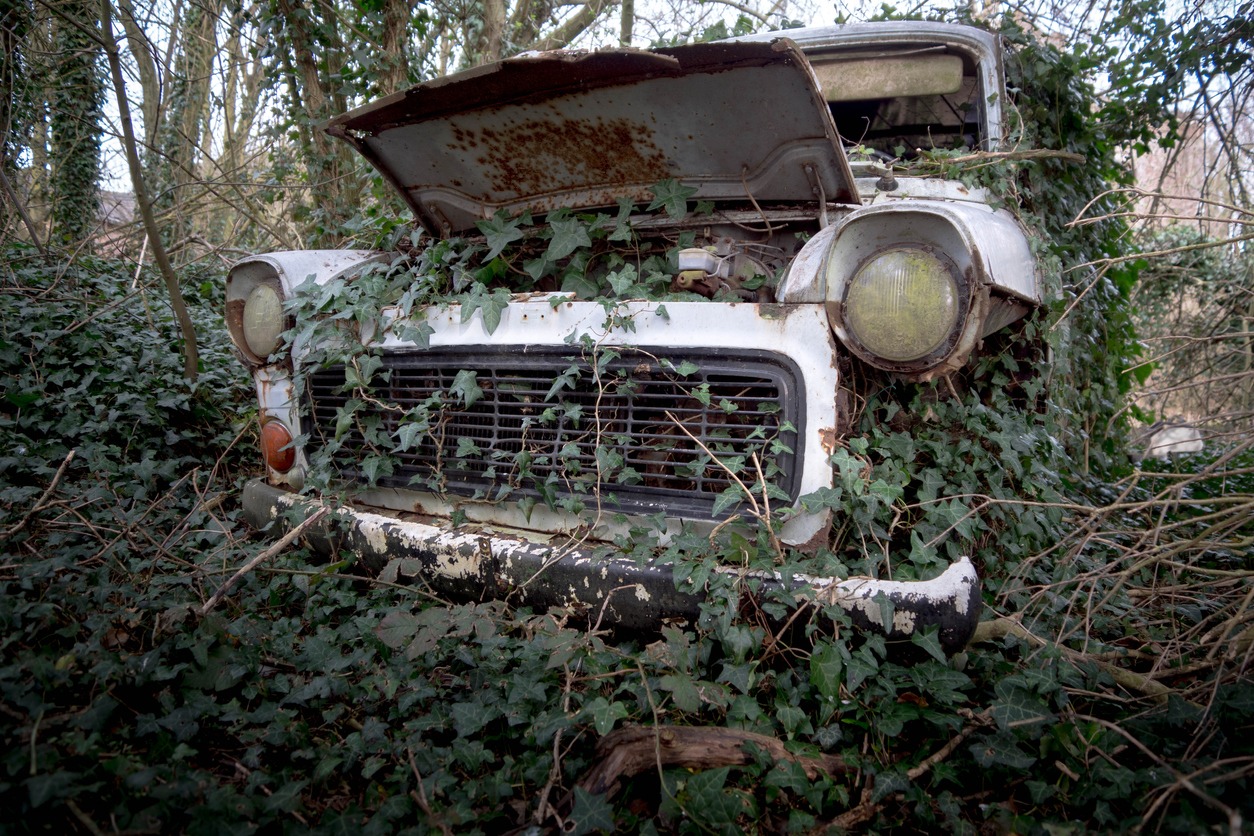 an abandoned car in the Ardennes Forest in Belgium