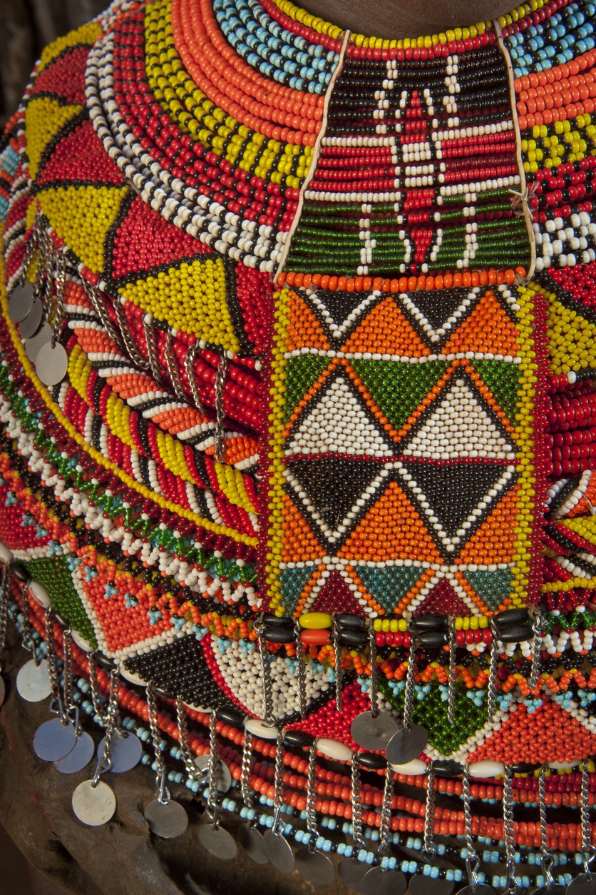 an intricate African beaded necklace worn by a Maasai woman from Kenya