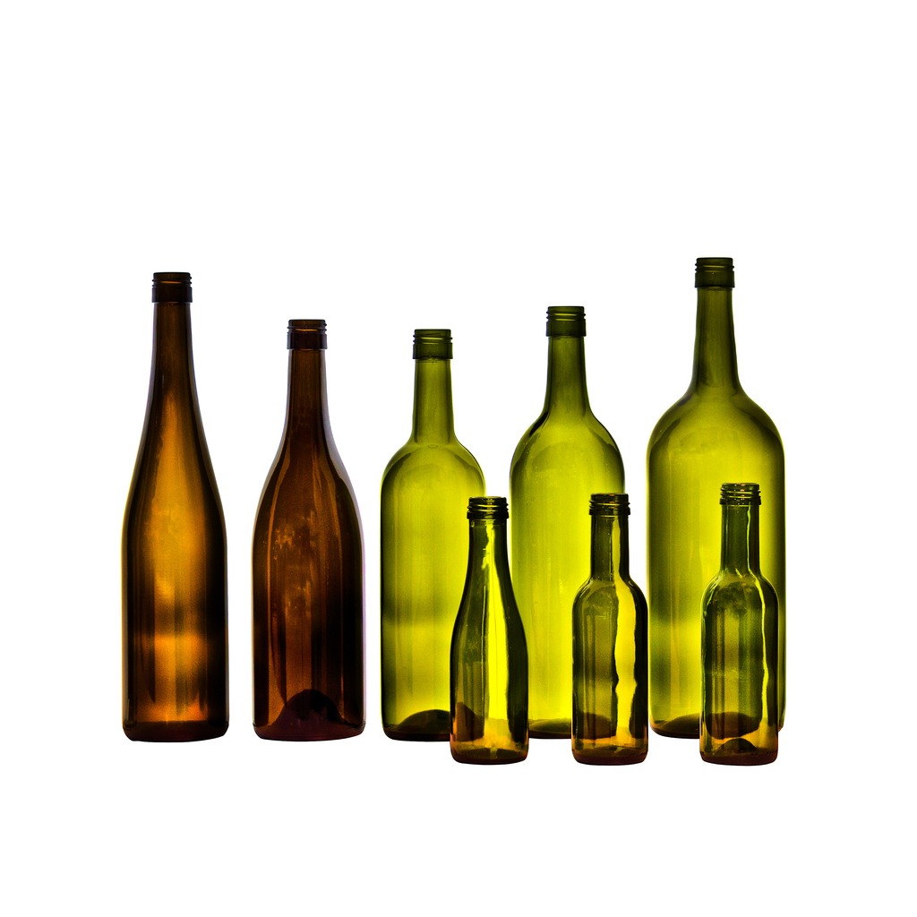 Empty glass wine bottles at different sizes