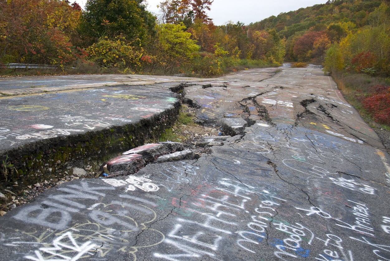 the empty street of Centralia ghost town in Pennsylvania