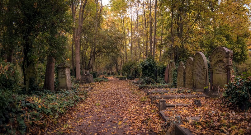 the path between tombstones at the Highgate Cemetery in London