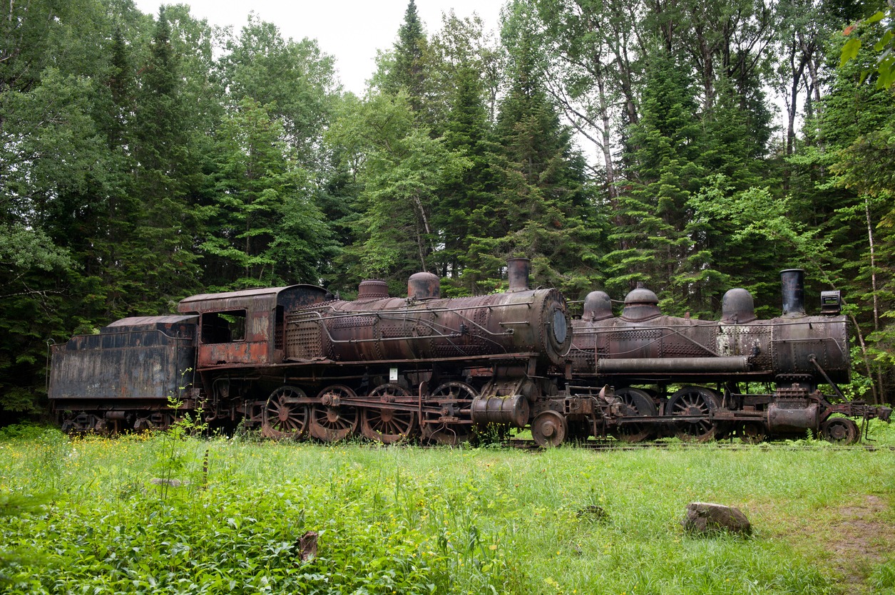 two abandoned steam locomotives sit in the Maine woods in the Allagash Wilderness Waterway