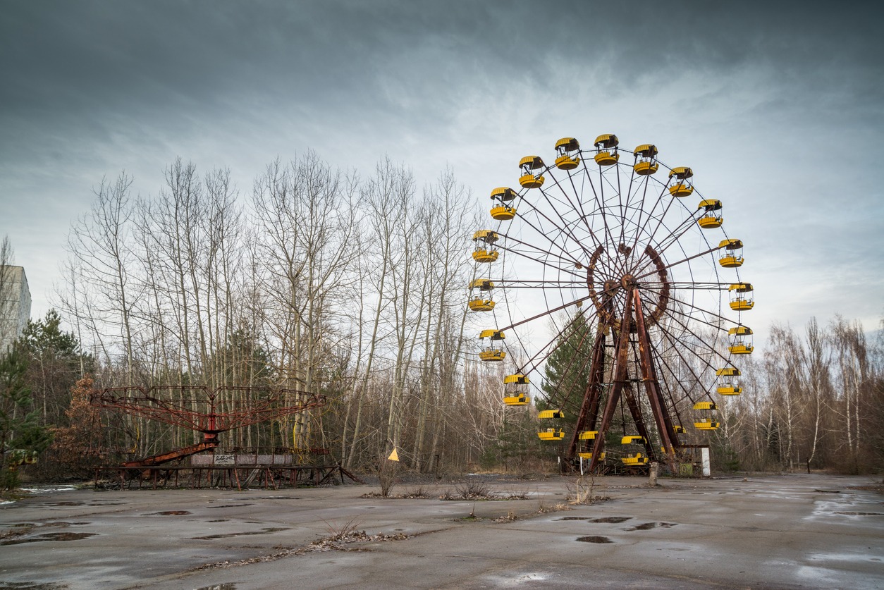Abandoned Ferris wheel in amusement park in Pripyat, Ukraine