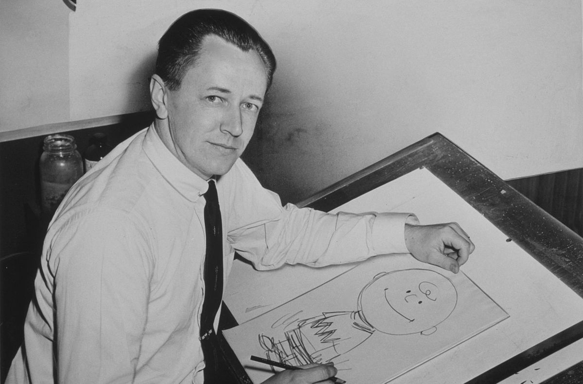 Charles Schulz and his sketch of Charlie Brown