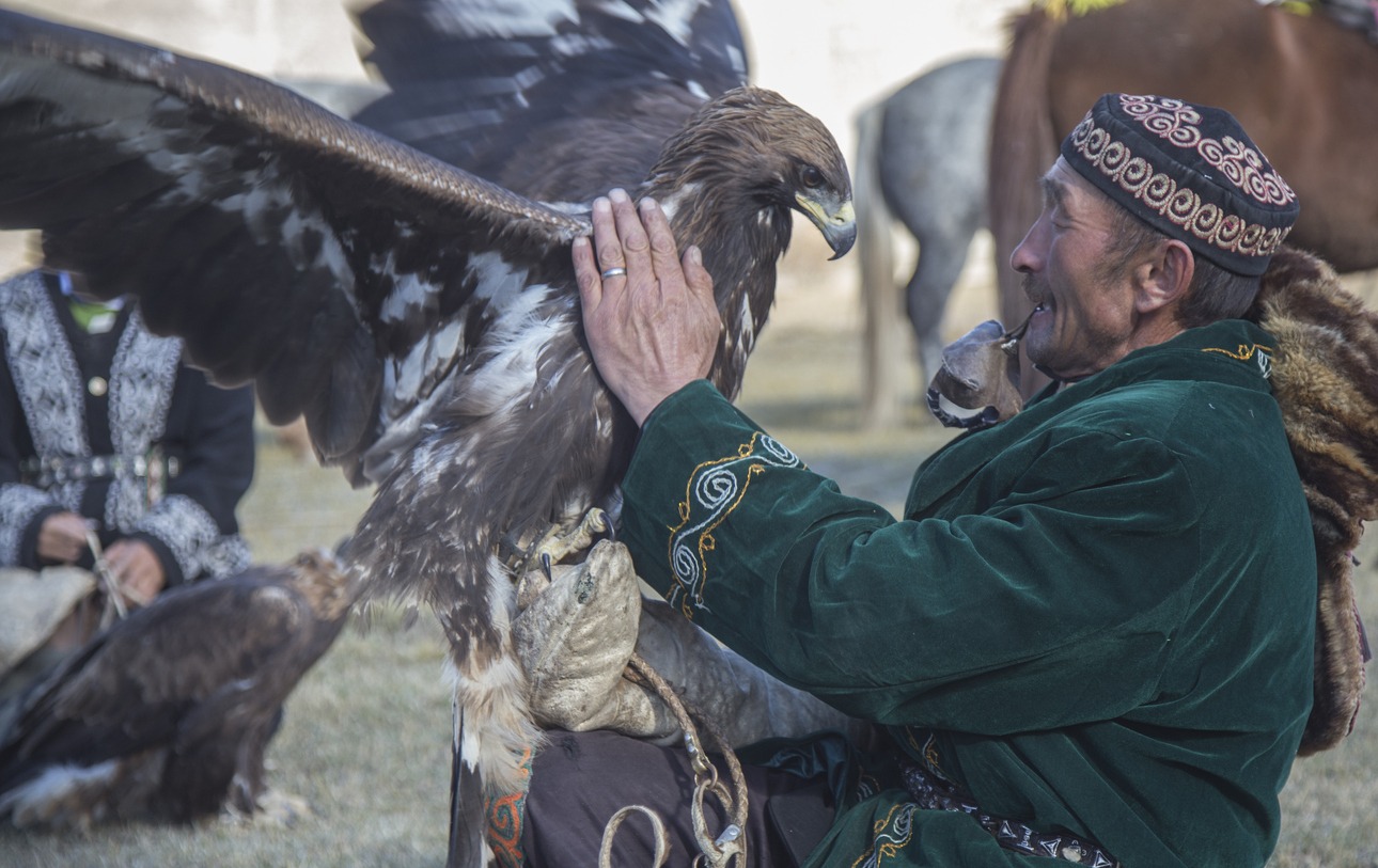 Kazakh eagle hunter wearing Shapan
