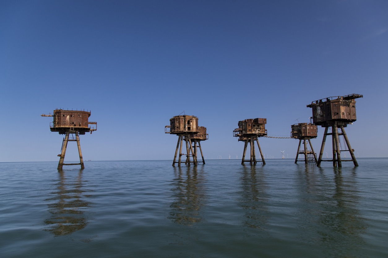 Maunsell Forts, located at the beginning of the River Thames Estuary