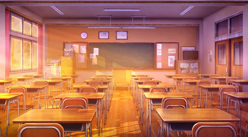a classroom in an anime-style art