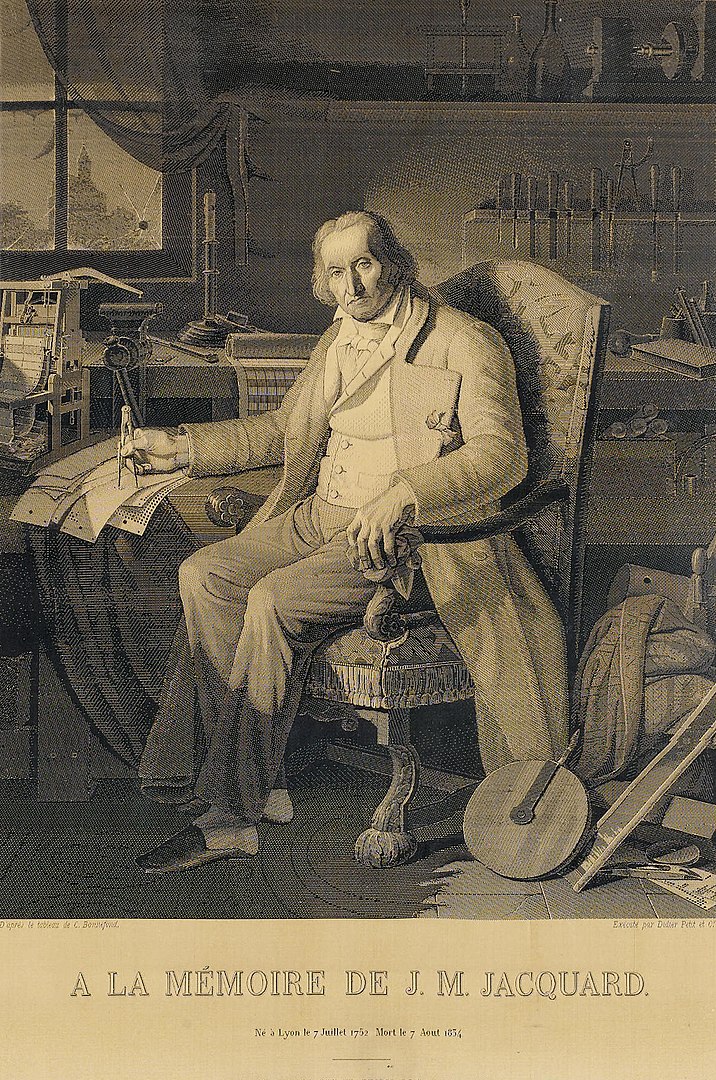 a portrait of Joseph Marie Jacquard using a Jacquard loom