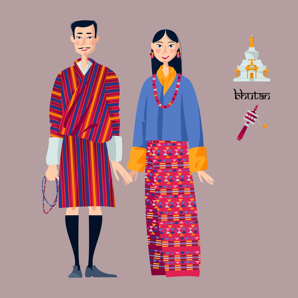 a vector illustration of couple in traditional national clothes of Bhutan