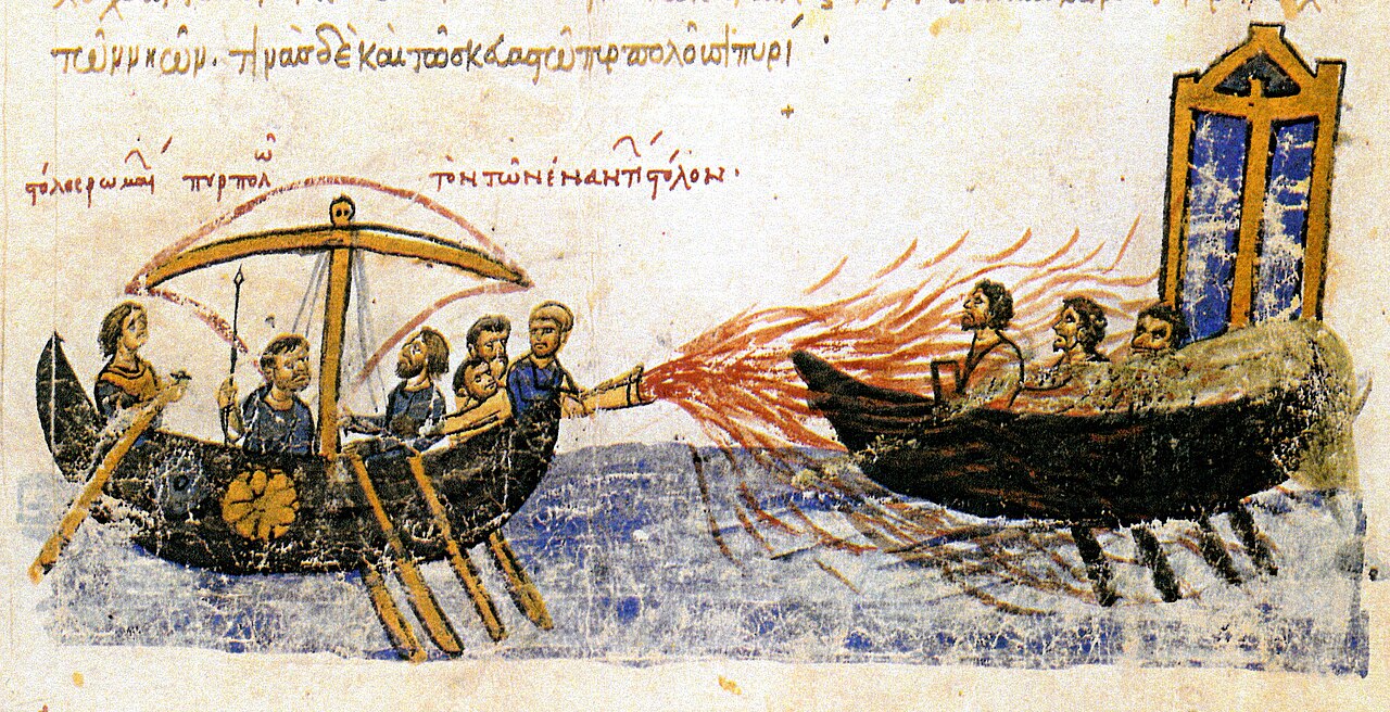 an artwork depicting the use of Greek Fire
