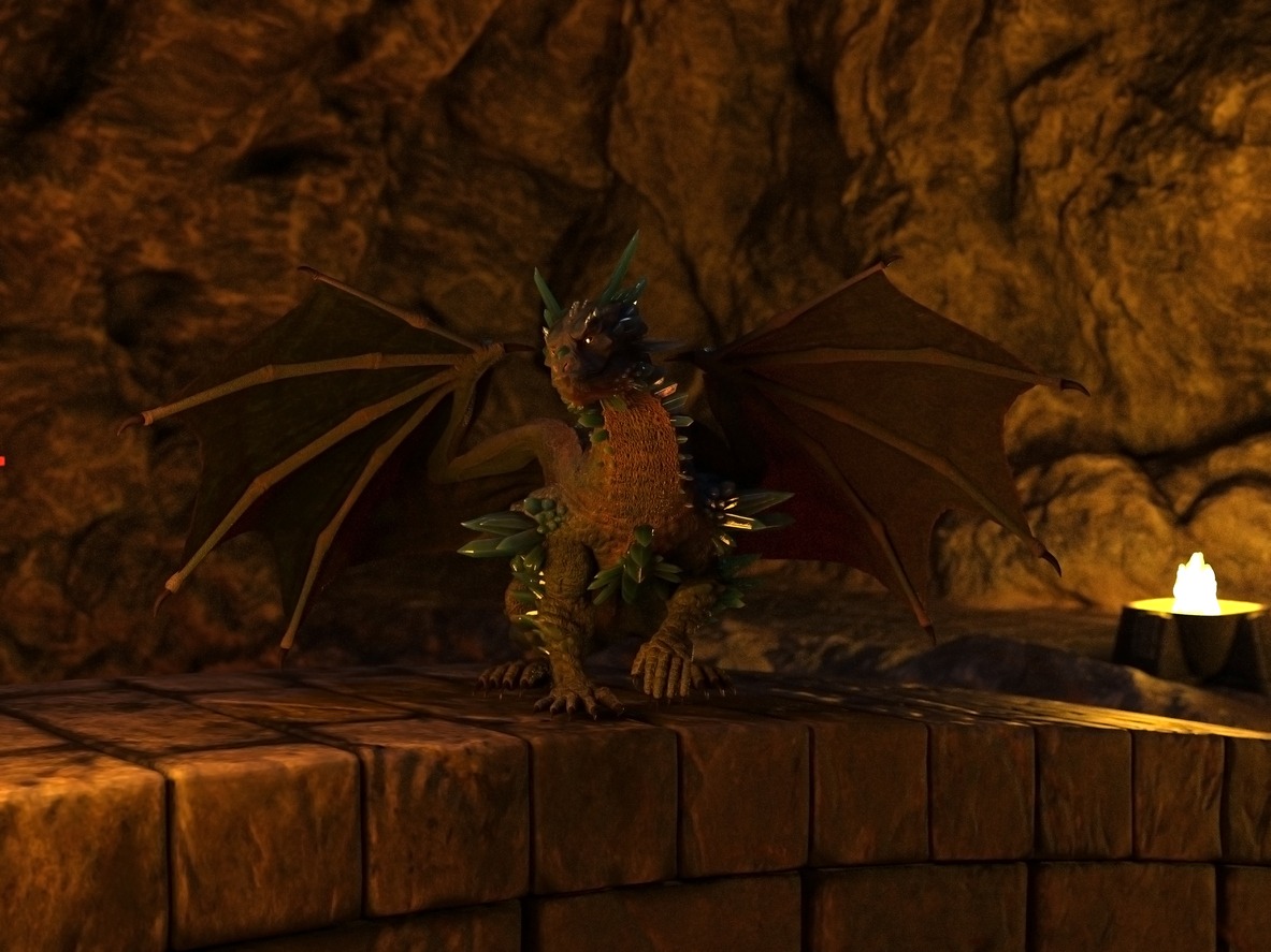 illustration of a dragon on a stone bridge watching and waiting in a cavern
