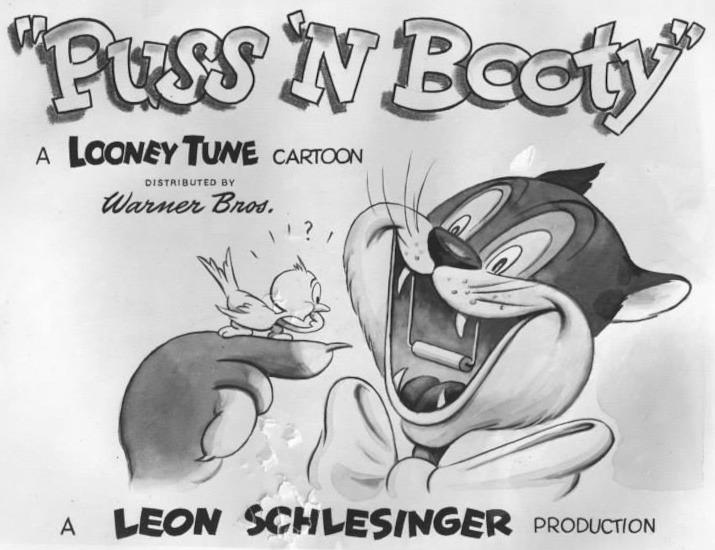 lobby card for "Puss n' Booty", the American black-and-white traditional animated short film part of the Looney Tunes series
