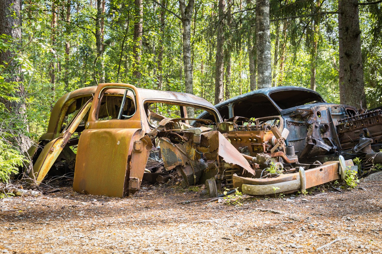 old, abandoned cars in the forest
