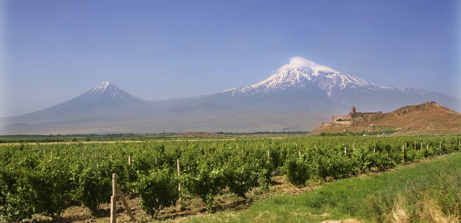 view of the monastery Khor Virap, vineyards and mountain Ararat from Armenian side