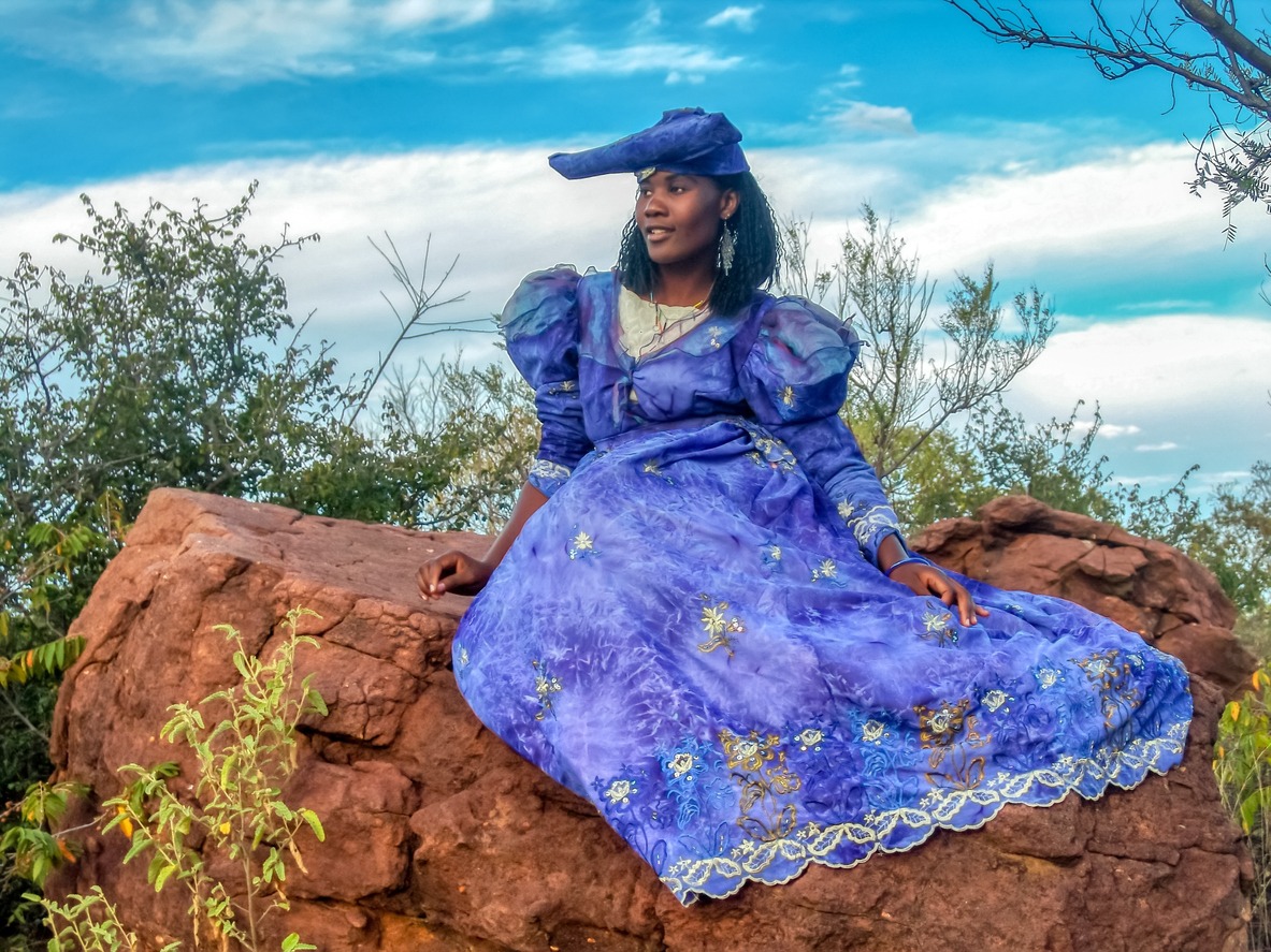 woman wearing the Herero dress of Namibia