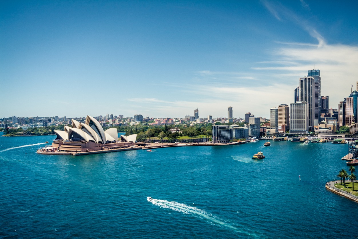 Sydney Opera House and Circular quay, ferry terminus, from the harbor bridge