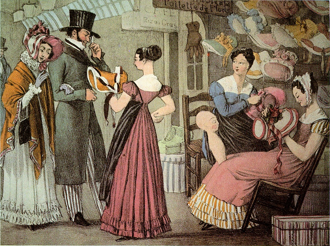 an artwork depicting a shop selling bonnets in 1822