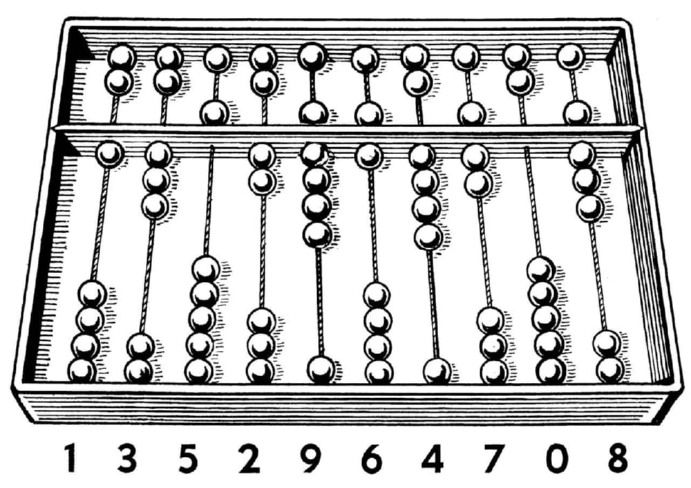 Bi-quinary coded decimal-like abacus representing 1,352,964,708