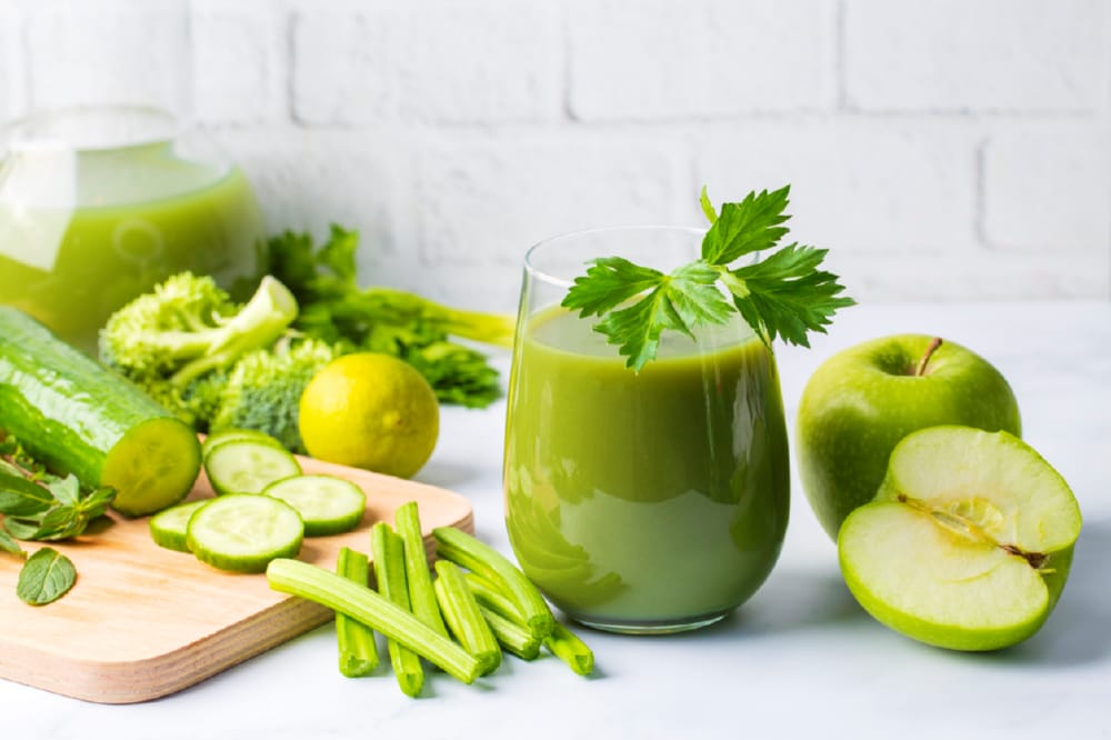 Green fruits, vegetables, and drink
