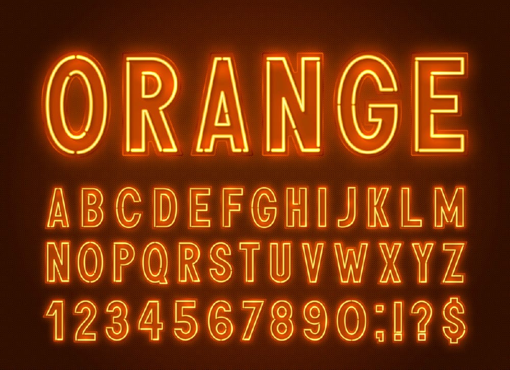 Neon orange font, light alphabet with numbers on a dark background