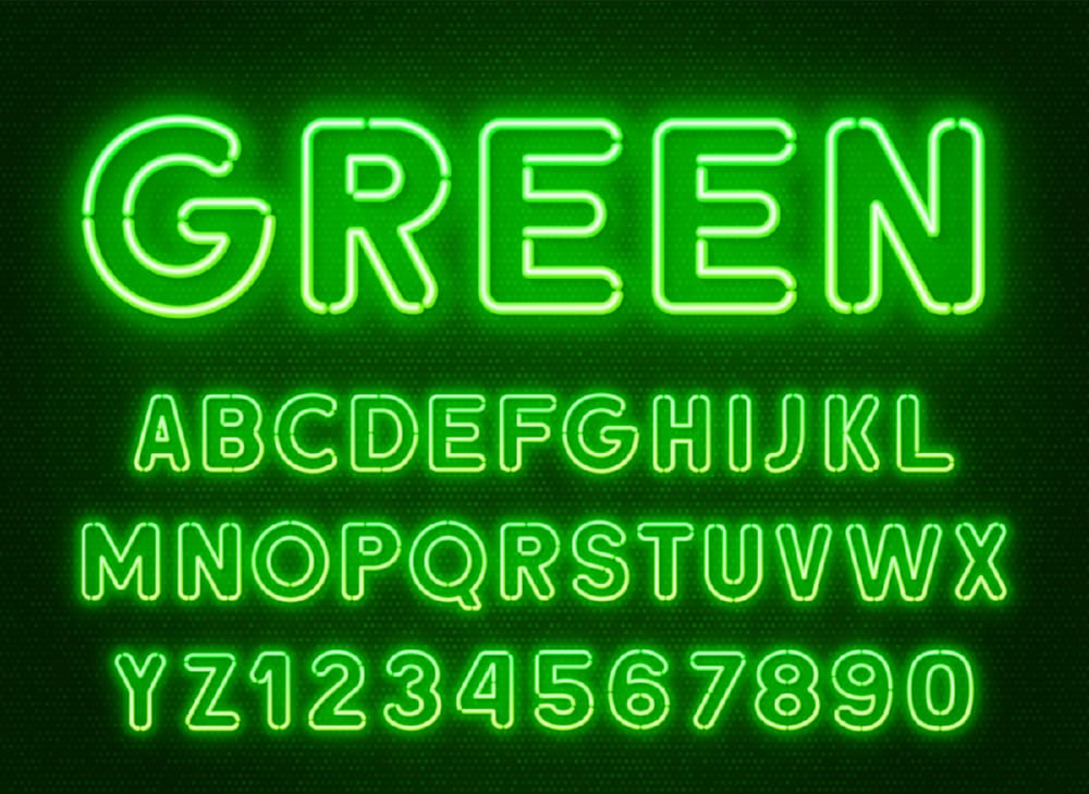 Neon rounded green font, glowing alphabet with numbers on a dark background