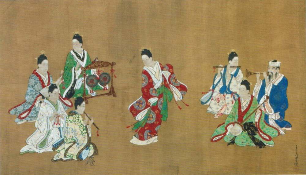 Ryukyuan Dancer and Musicians Ink and color painting on silk, Chōshun, c. 1718